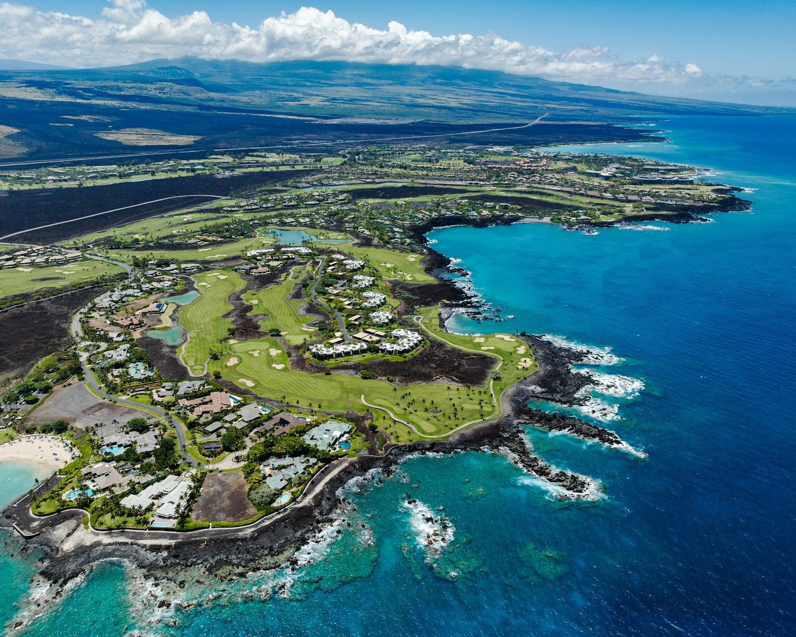 A coastal golf course viewed from above